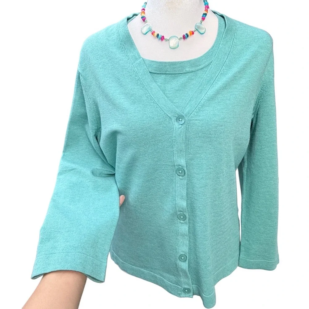 Jones New York Collection Teal Cardigan Tank Set Medium Modest Coquette Y2K - Picture 2 of 8